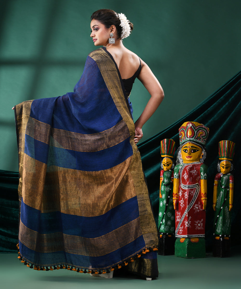 Blue golden handloom linen bengal saree