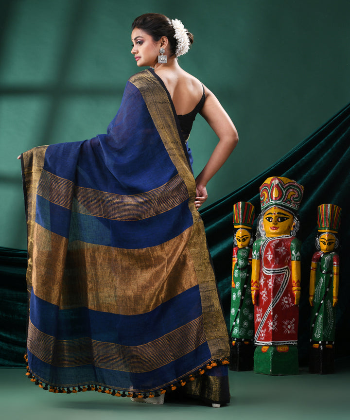 Blue golden handloom linen bengal saree