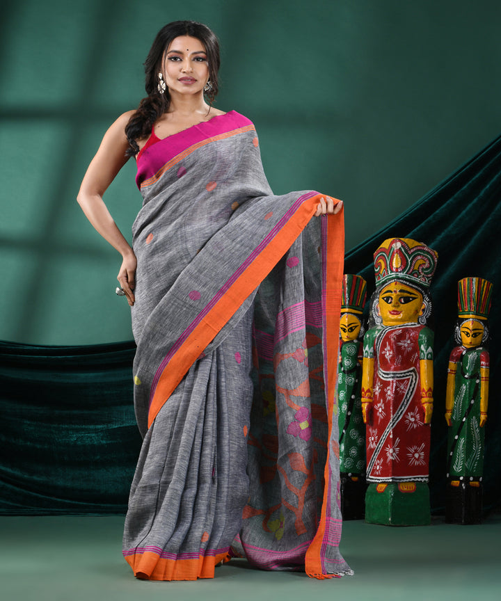 Grey pink handloom linen bengal saree