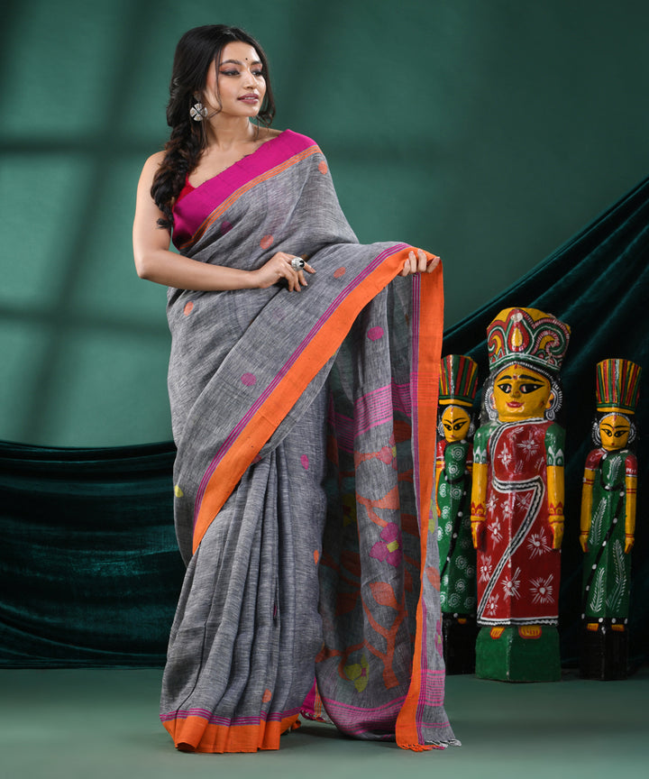 Grey pink handloom linen bengal saree