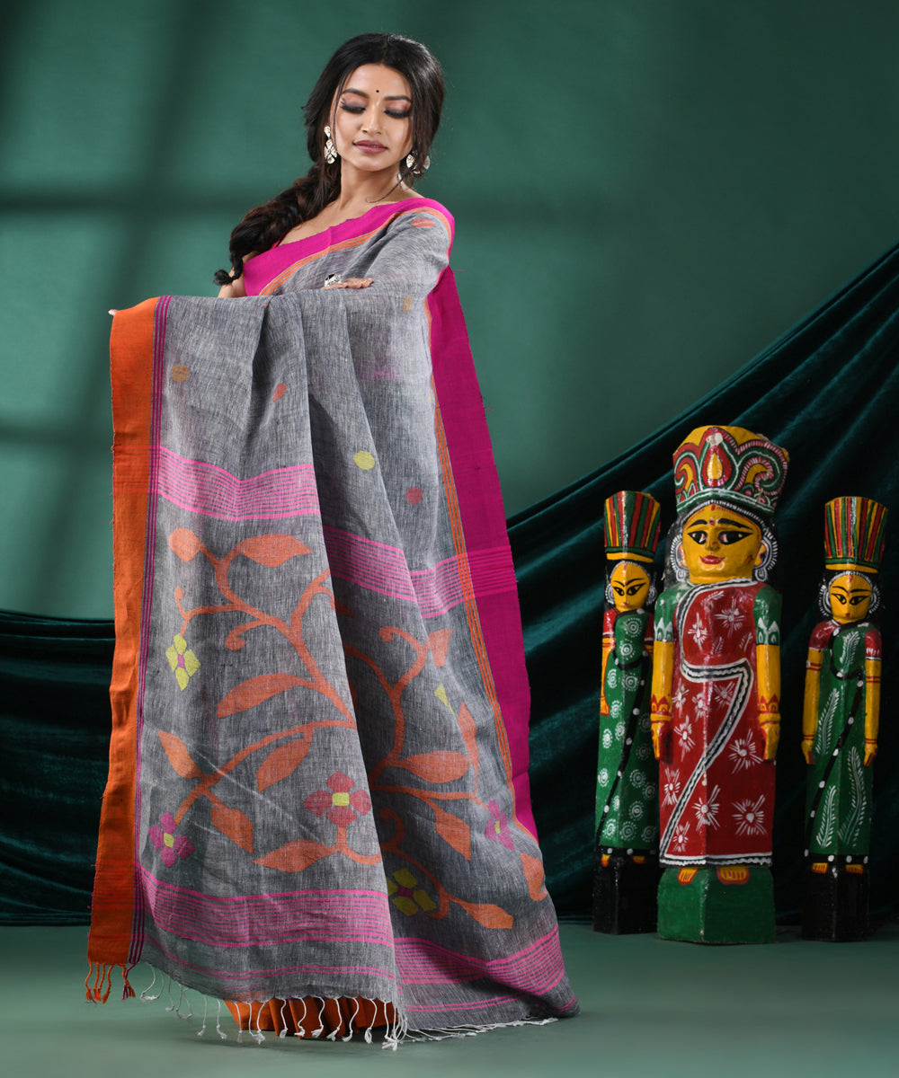 Grey pink handloom linen bengal saree