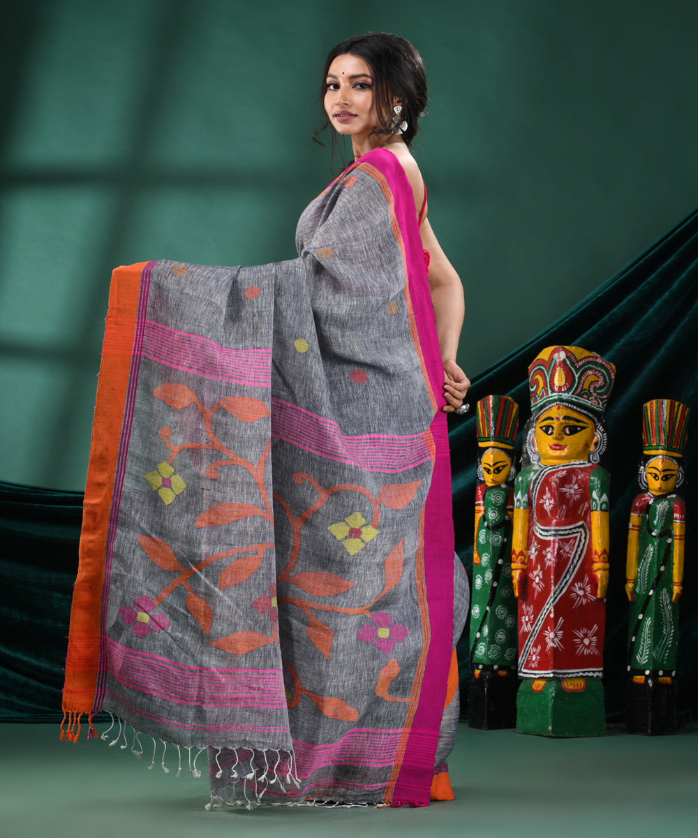 Grey pink handloom linen bengal saree