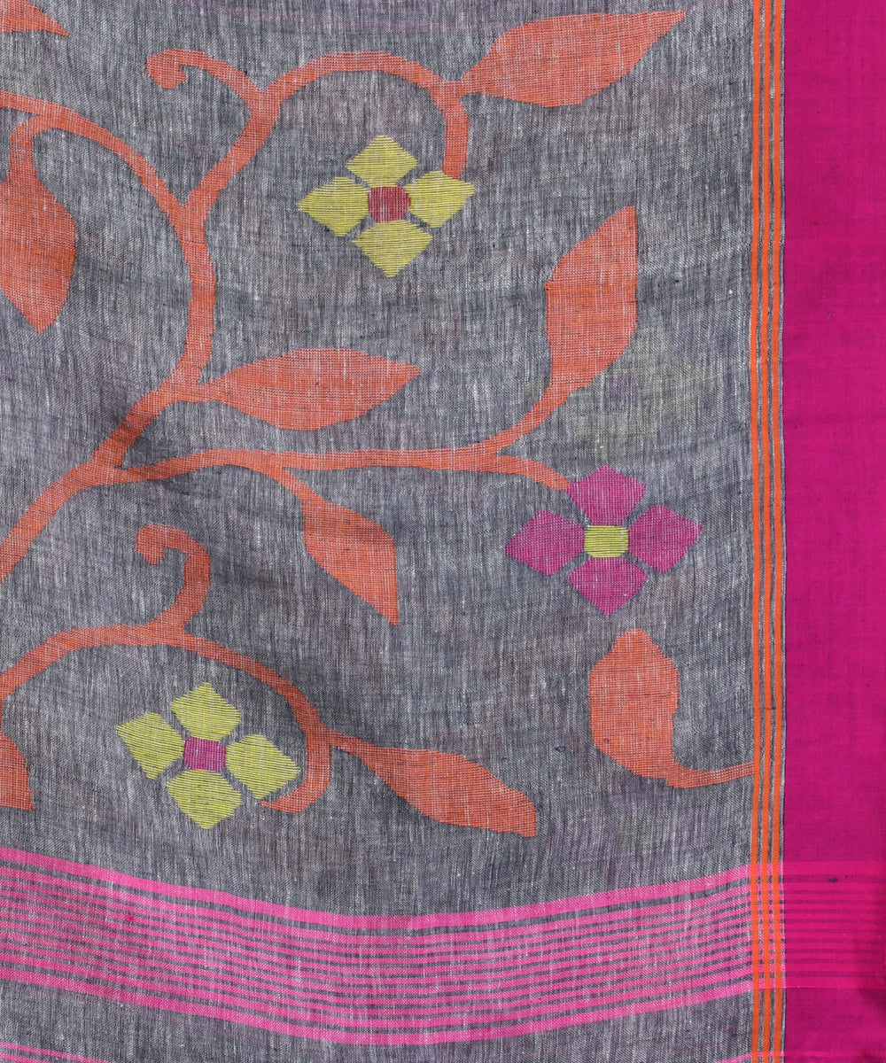 Grey pink handloom linen bengal saree