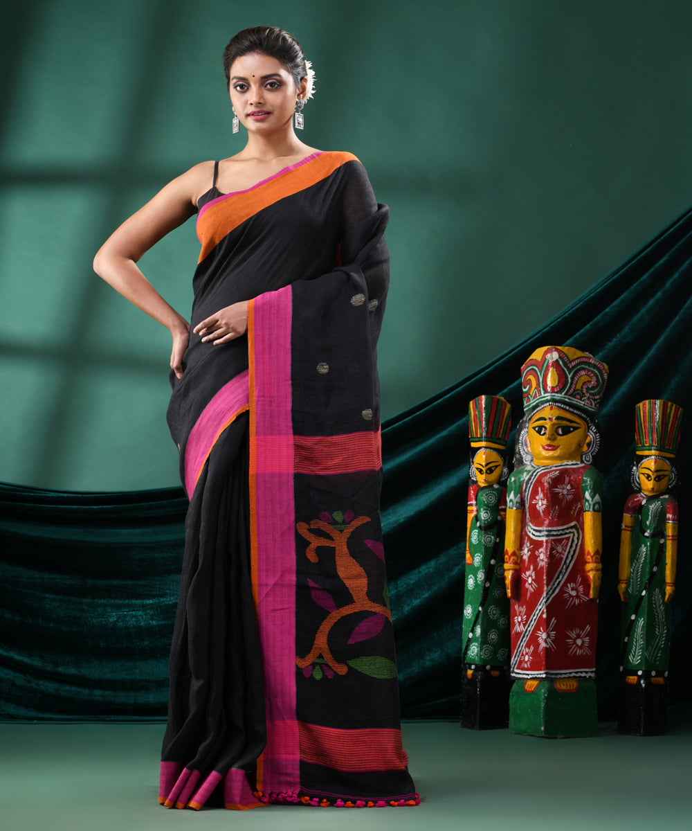 Black magenta handloom linen bengal saree