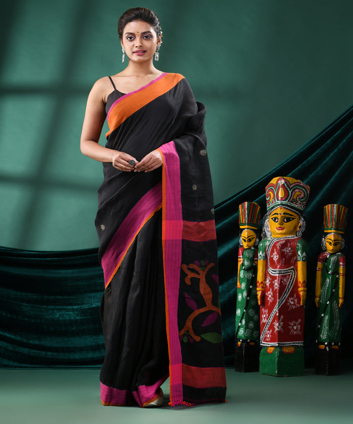 Black magenta handloom linen bengal saree