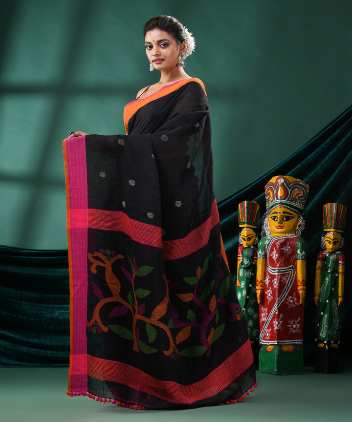 Black magenta handloom linen bengal saree