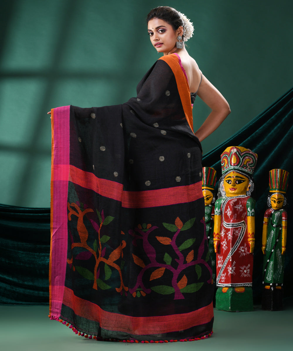 Black magenta handloom linen bengal saree