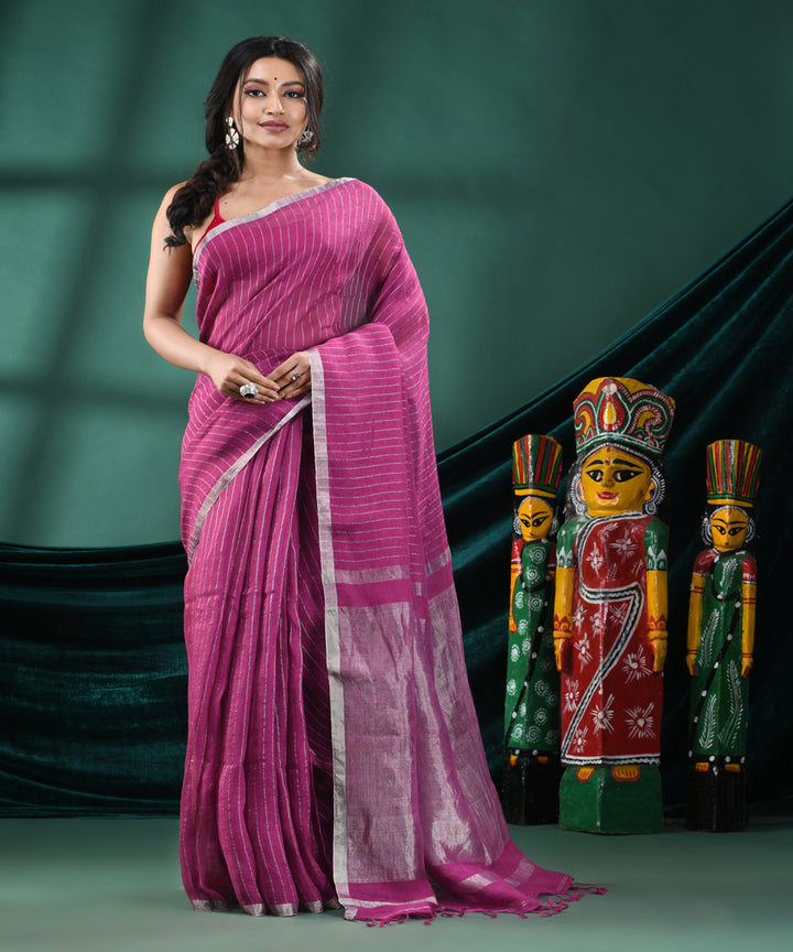 Magenta grey handloom linen bengal saree