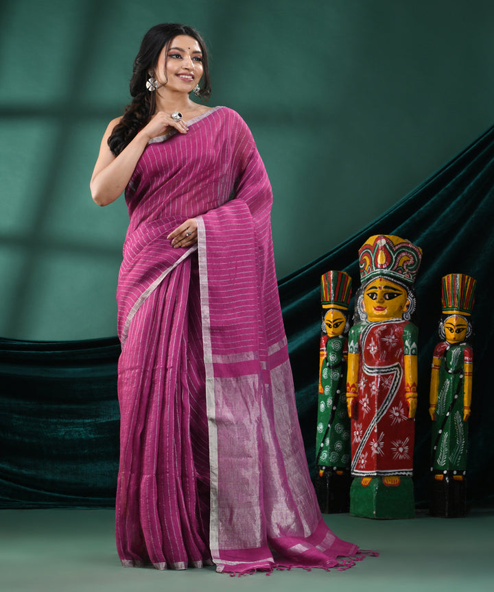 Magenta grey handloom linen bengal saree