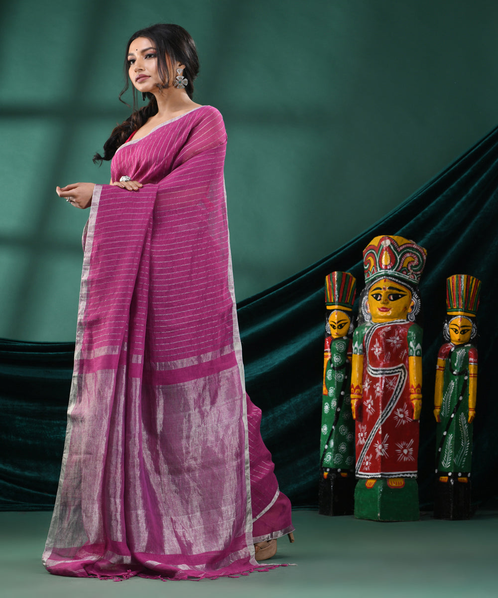 Magenta grey handloom linen bengal saree