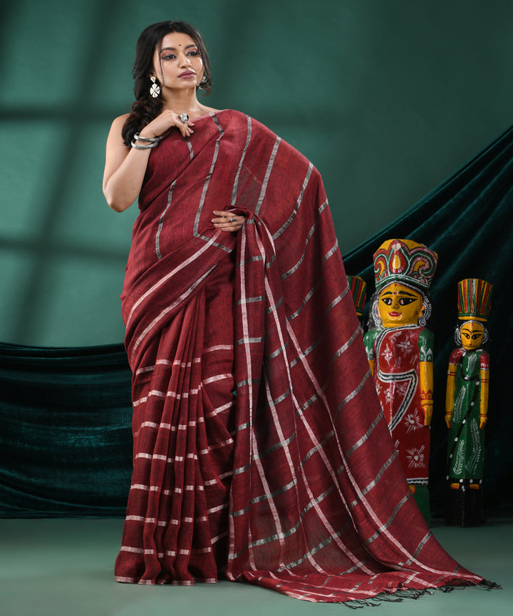 Maroon striped handloom linen bengal saree