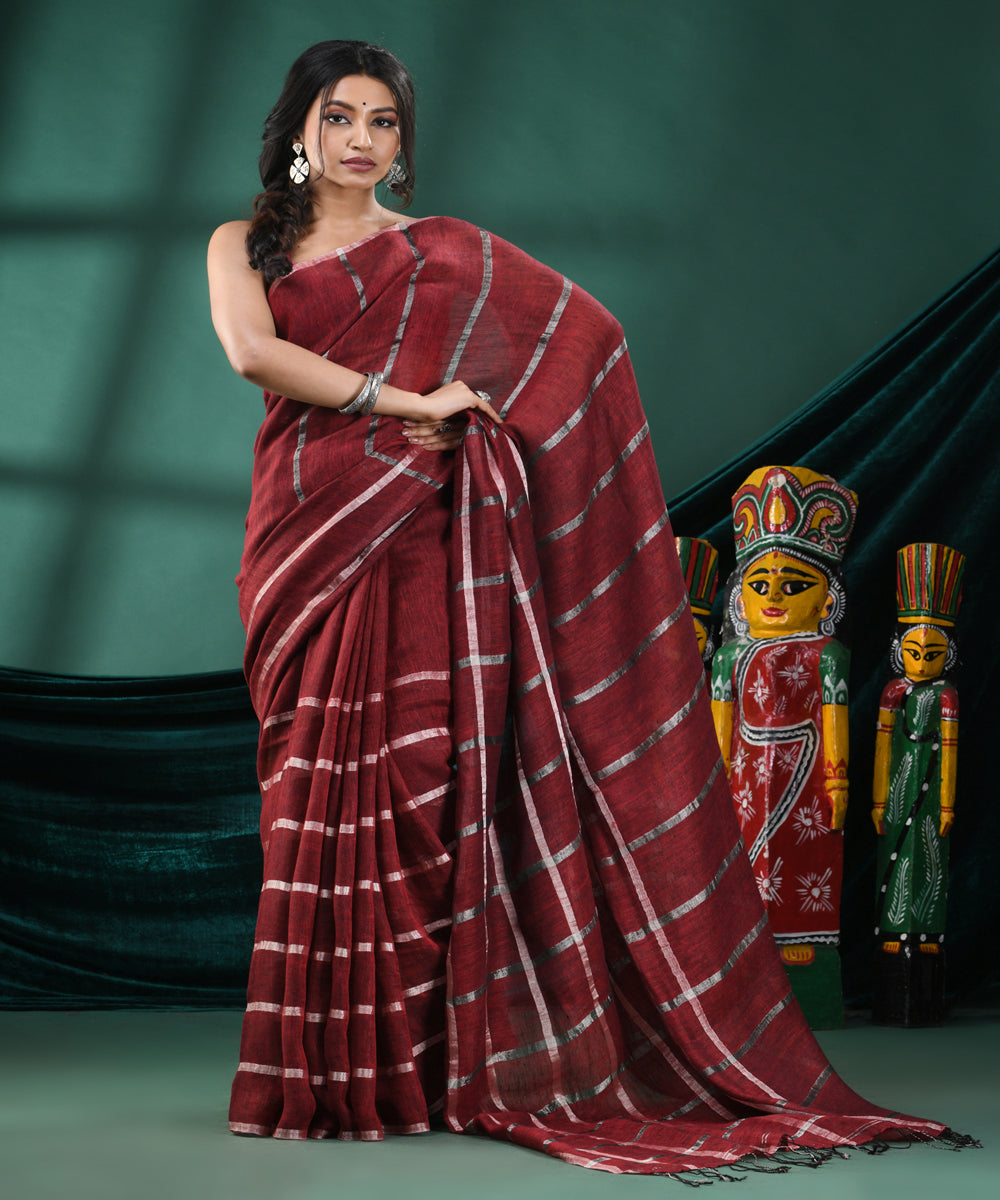 Maroon striped handloom linen bengal saree