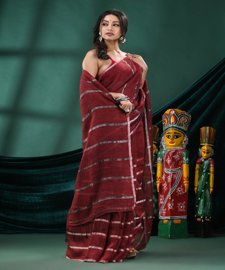 Maroon striped handloom linen bengal saree