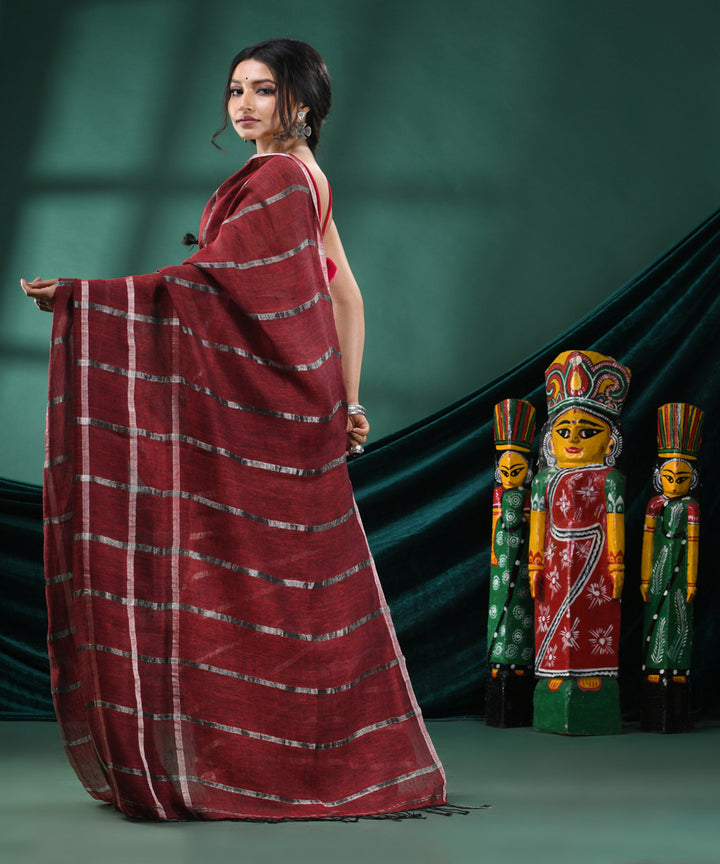 Maroon striped handloom linen bengal saree