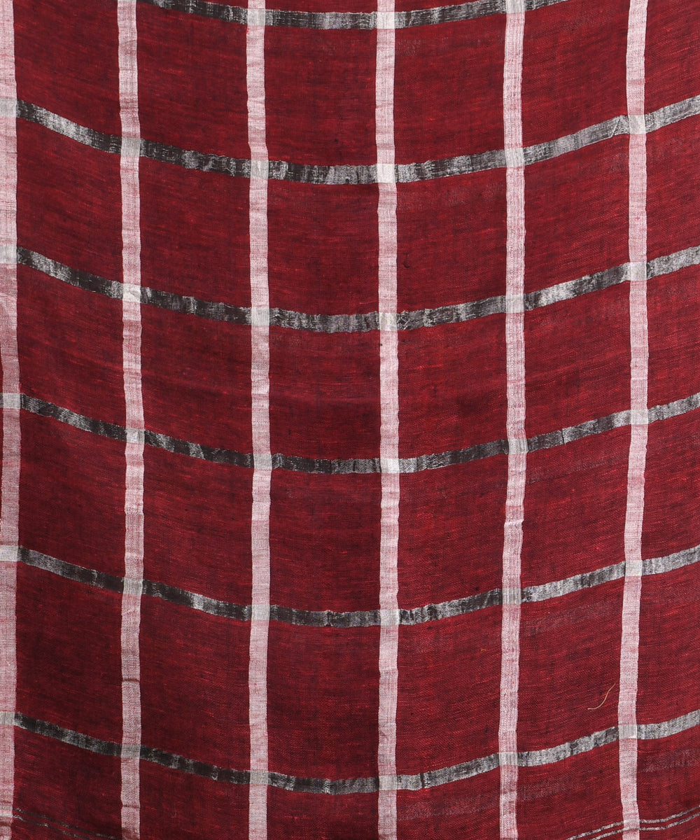 Maroon striped handloom linen bengal saree