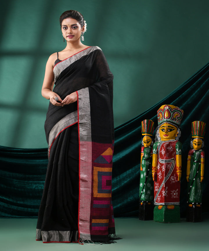 Black pink handloom linen bengal saree