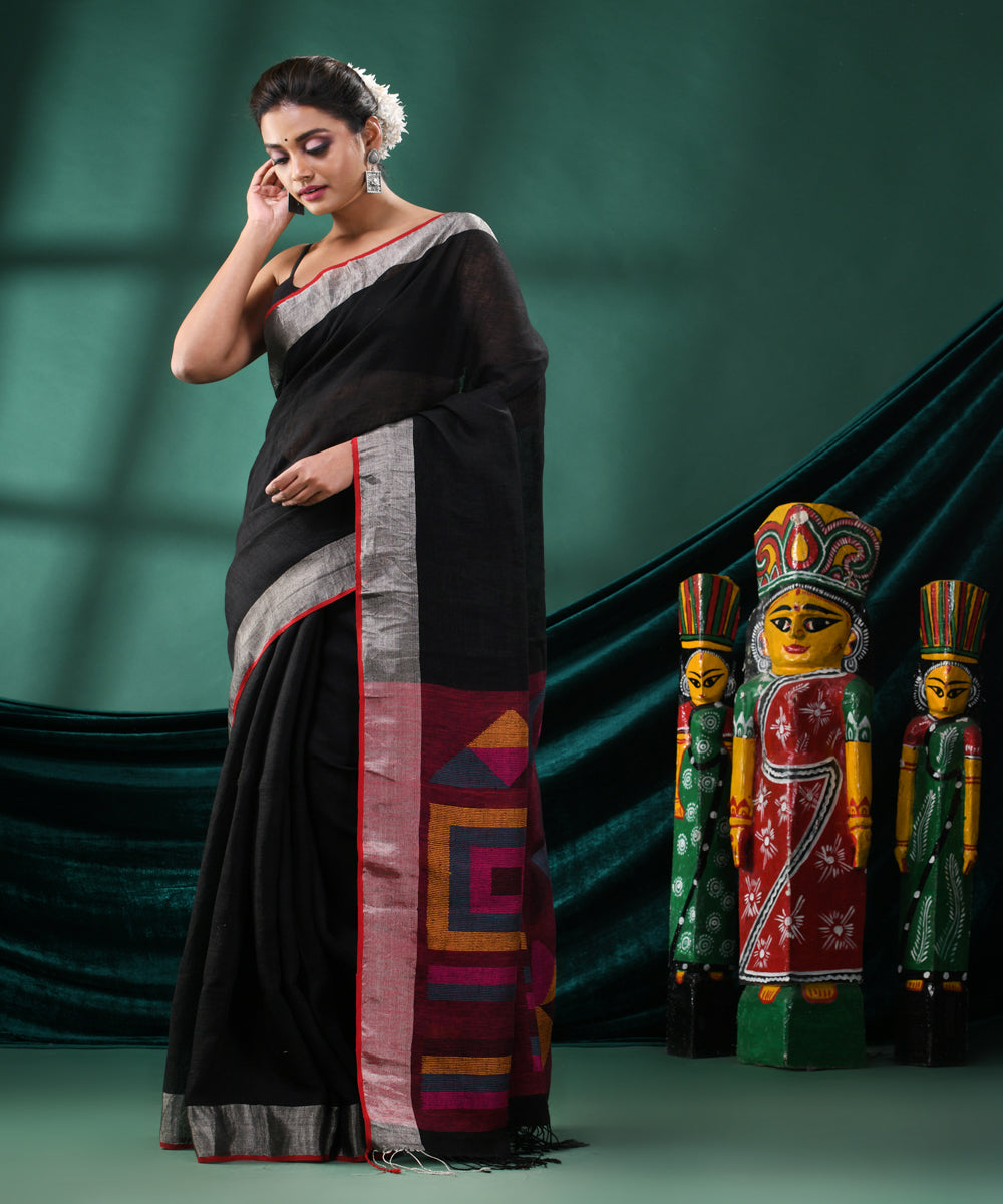 Black pink handloom linen bengal saree