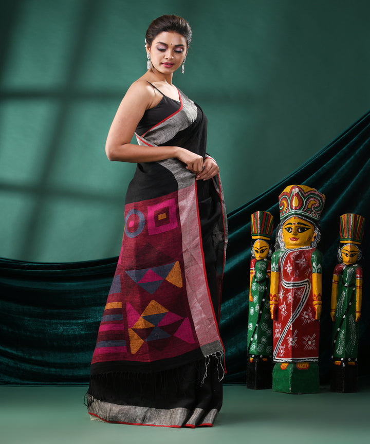 Black pink handloom linen bengal saree