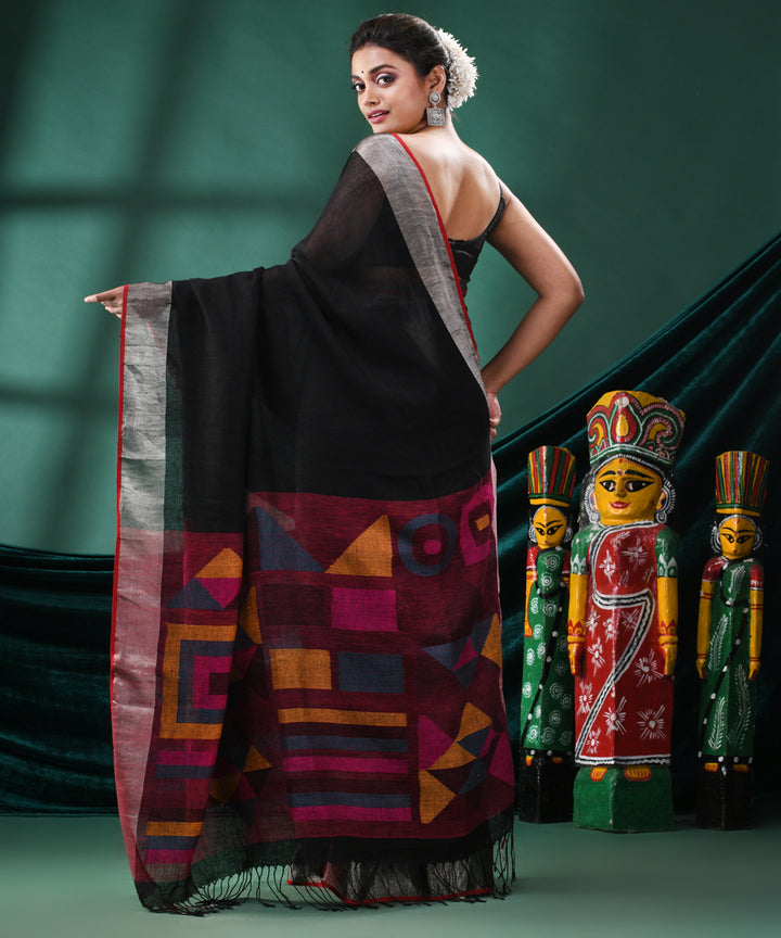 Black pink handloom linen bengal saree