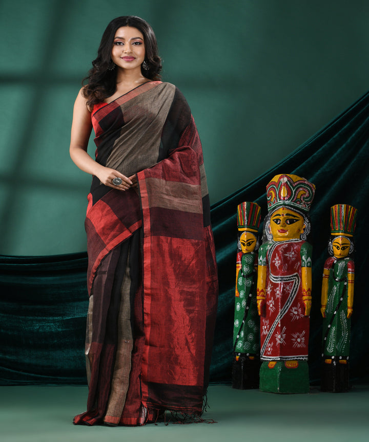 Multicolour red handloom linen bengal saree