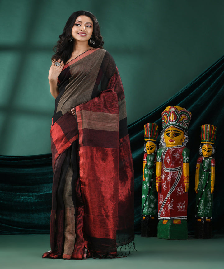 Multicolour red handloom linen bengal saree