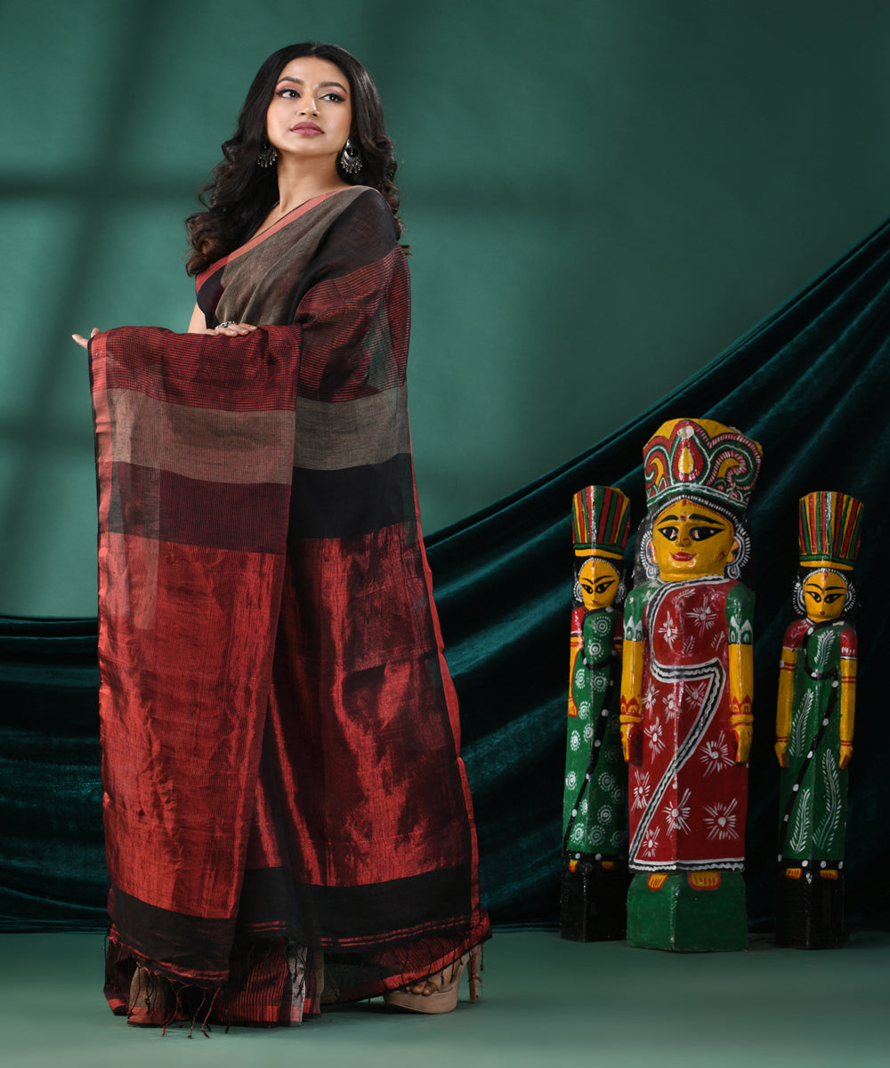 Multicolour red handloom linen bengal saree