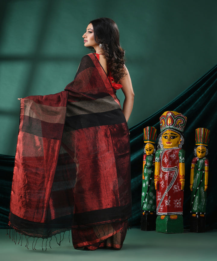 Multicolour red handloom linen bengal saree