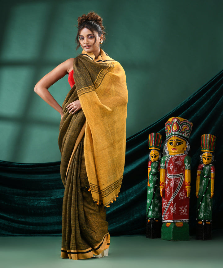 Black yellow handloom linen bengal saree