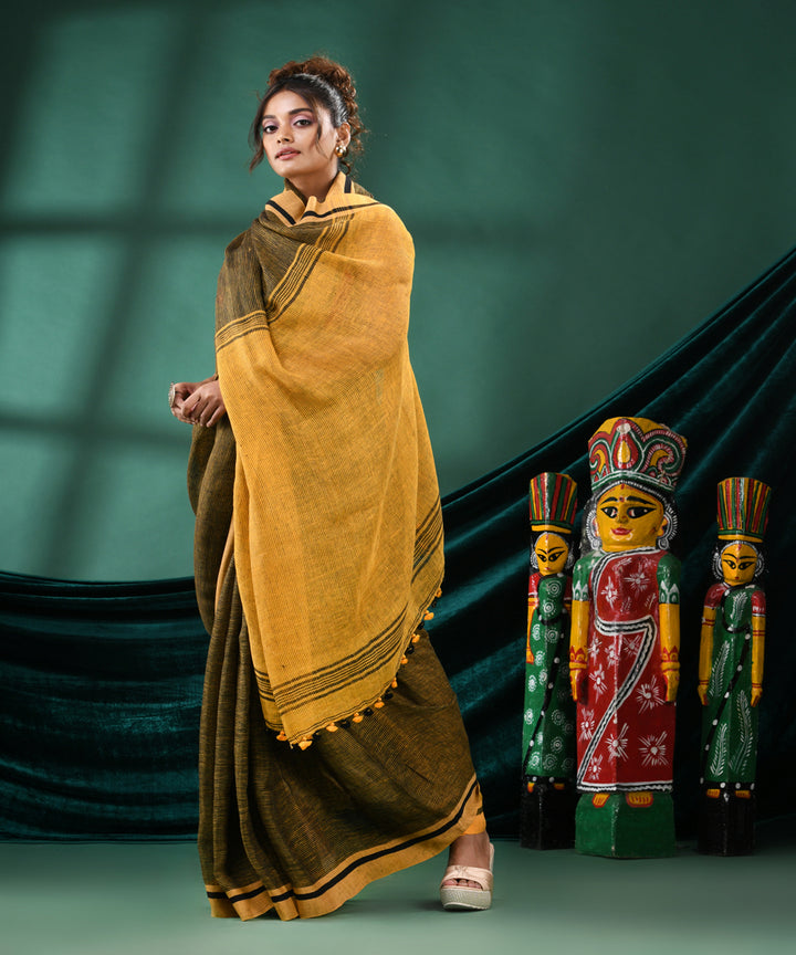 Black yellow handloom linen bengal saree