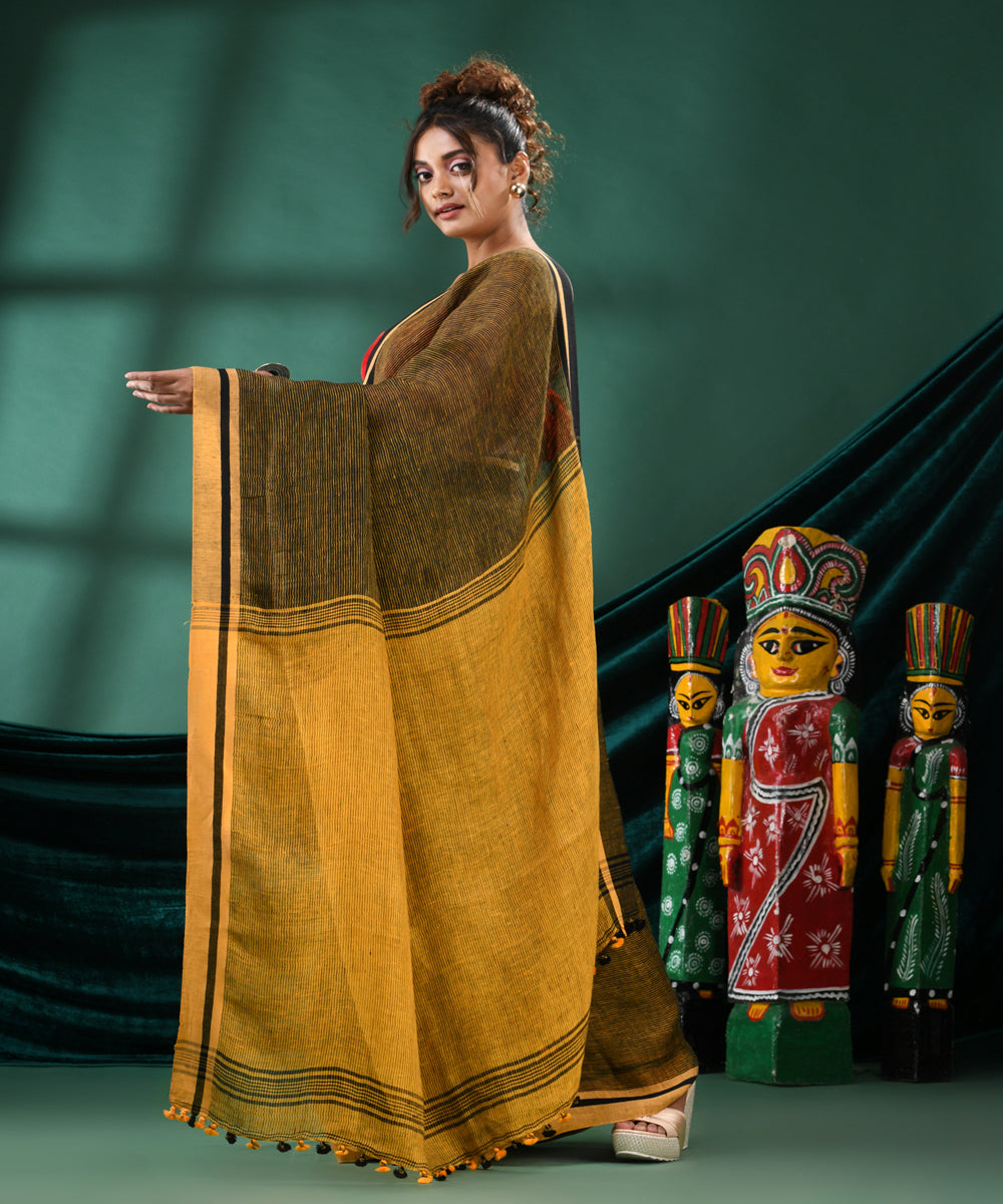 Black yellow handloom linen bengal saree