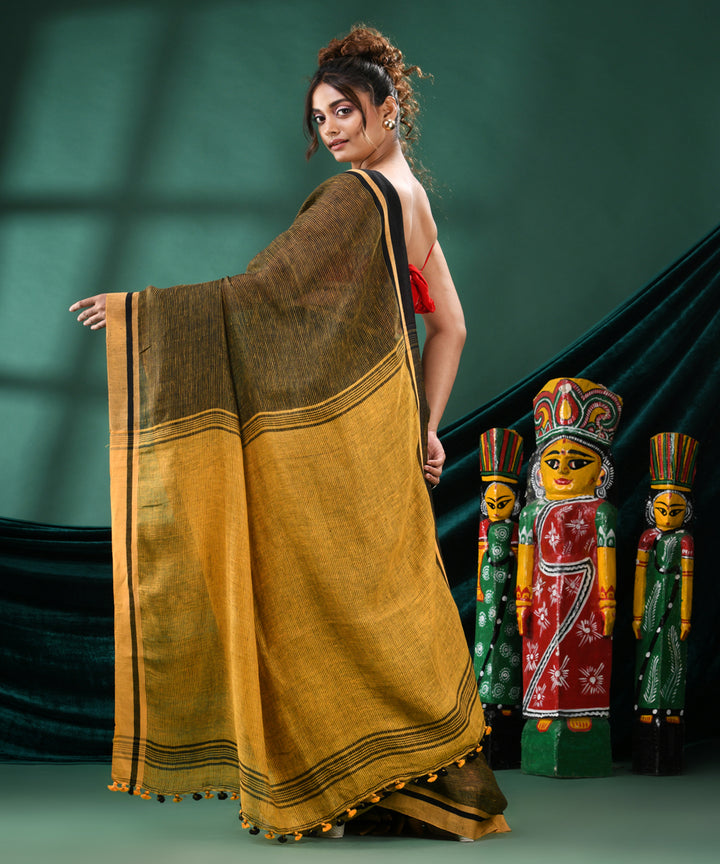 Black yellow handloom linen bengal saree