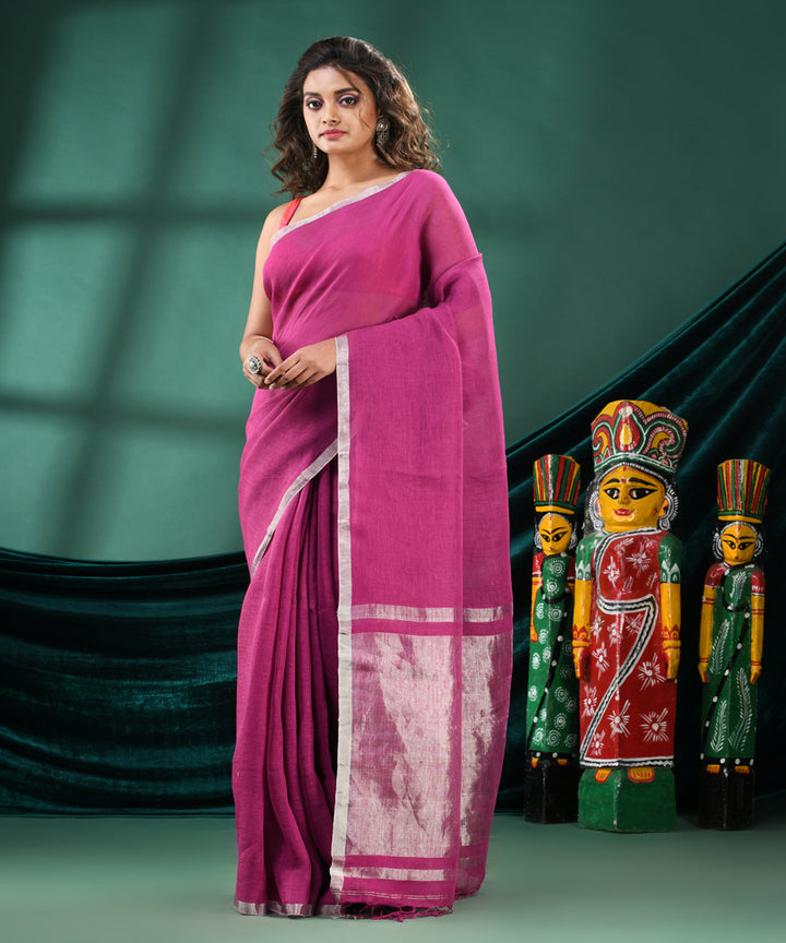 Magenta grey handloom linen bengal saree