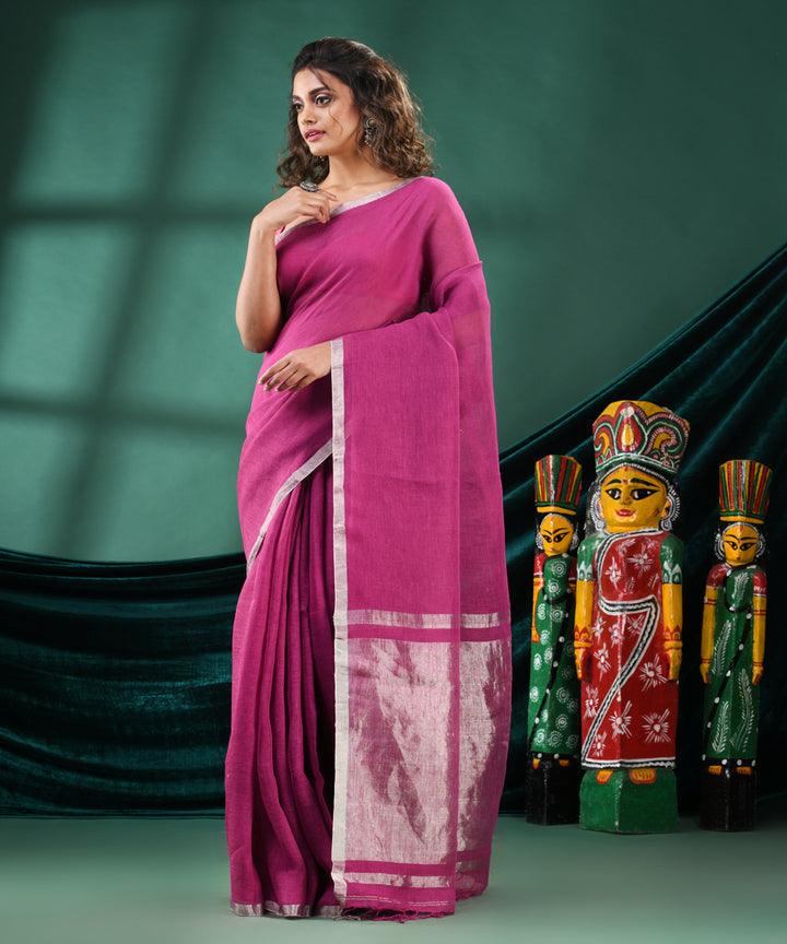 Magenta grey handloom linen bengal saree