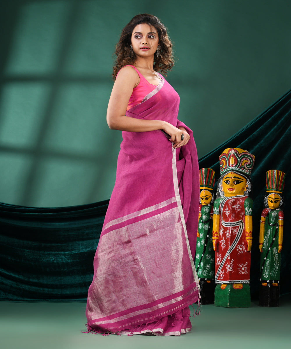 Magenta grey handloom linen bengal saree