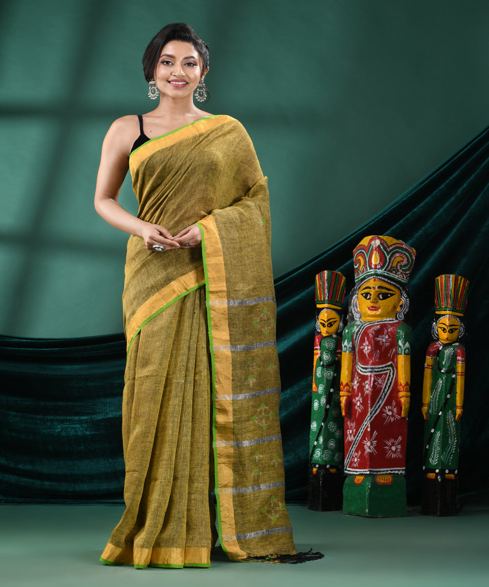 Lemon yellow handloom linen bengal saree