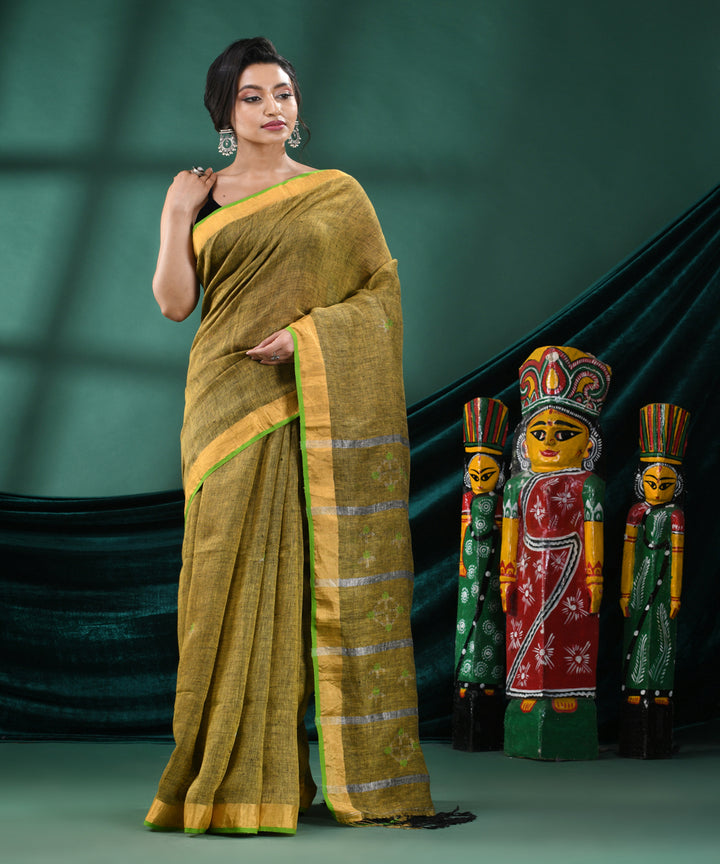 Lemon yellow handloom linen bengal saree