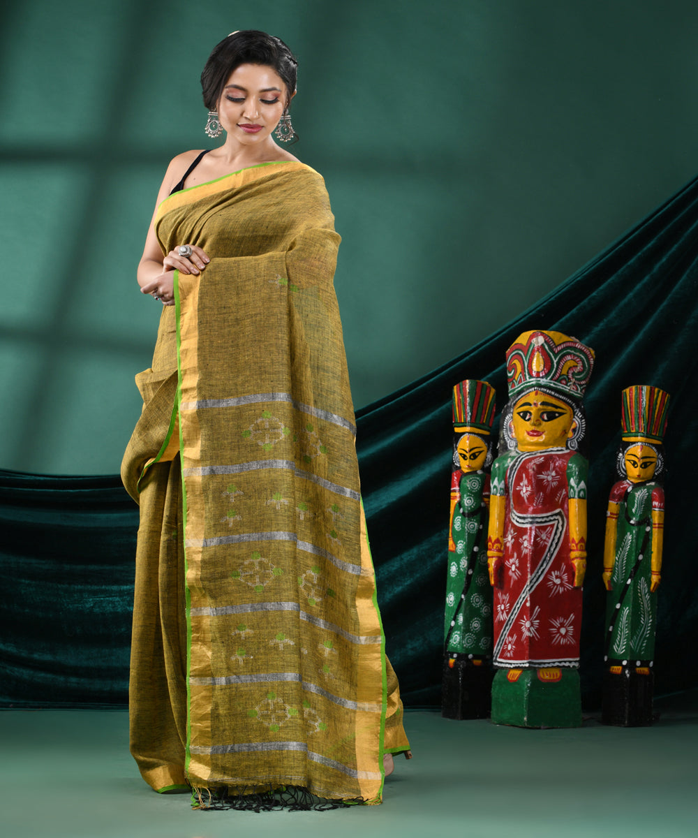 Lemon yellow handloom linen bengal saree