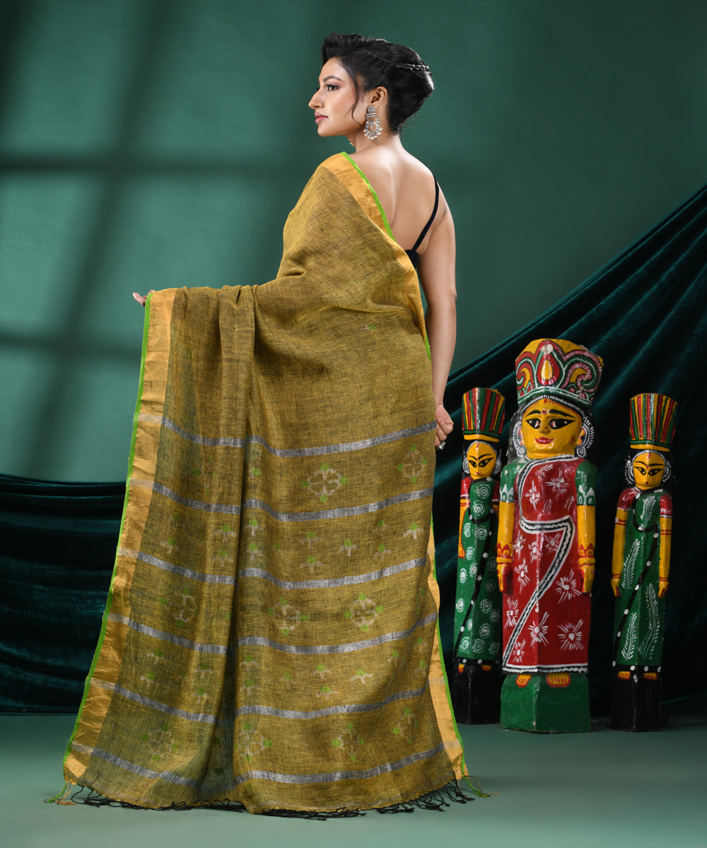 Lemon yellow handloom linen bengal saree