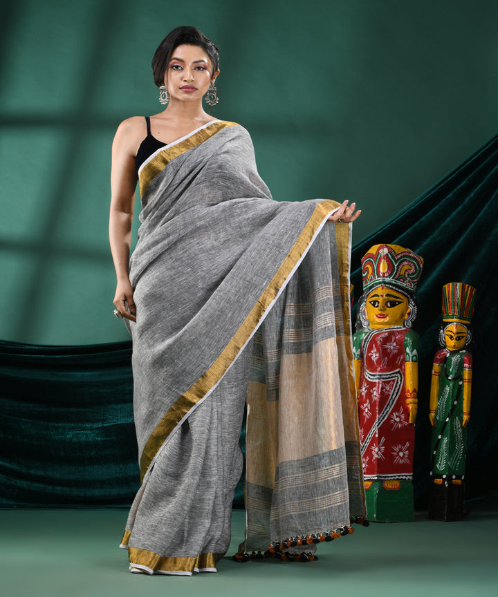 Grey brown handloom linen bengal saree