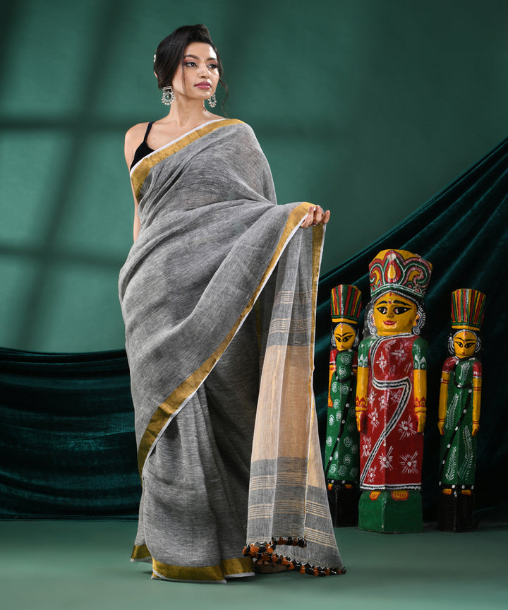 Grey brown handloom linen bengal saree