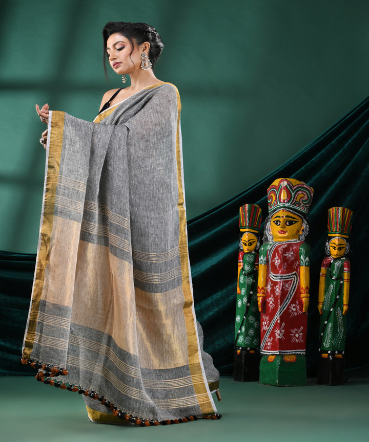 Grey brown handloom linen bengal saree