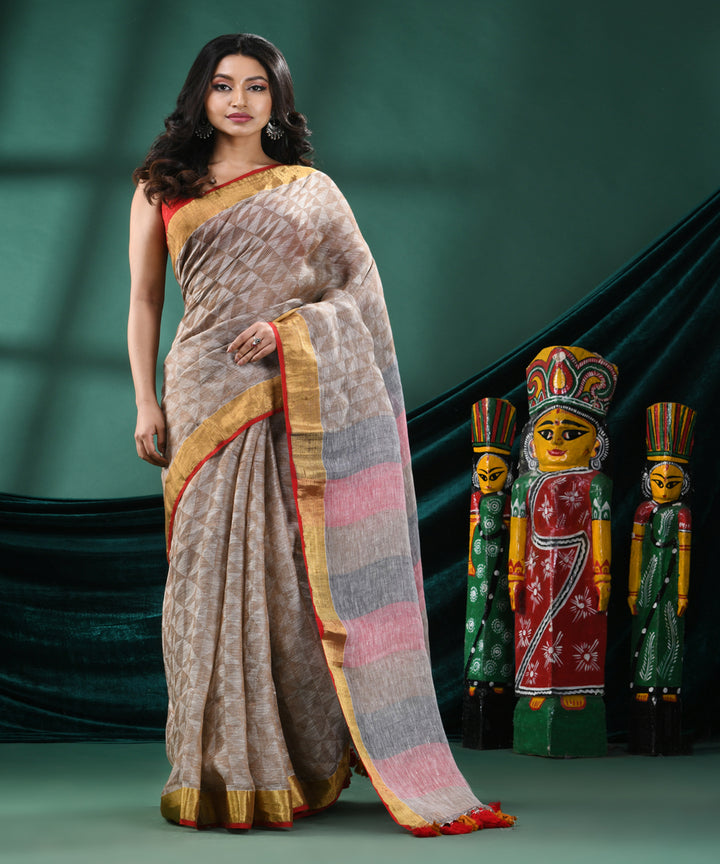 Brown pink handloom linen bengal saree