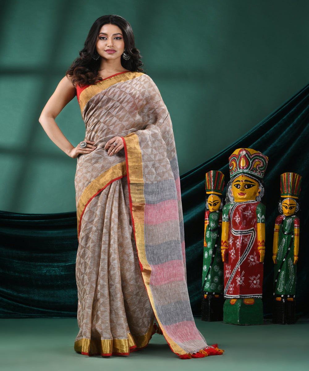 Brown pink handloom linen bengal saree