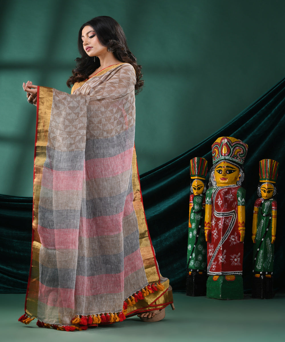 Brown pink handloom linen bengal saree