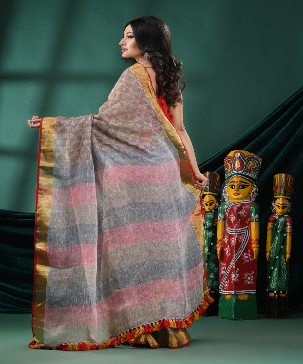 Brown pink handloom linen bengal saree