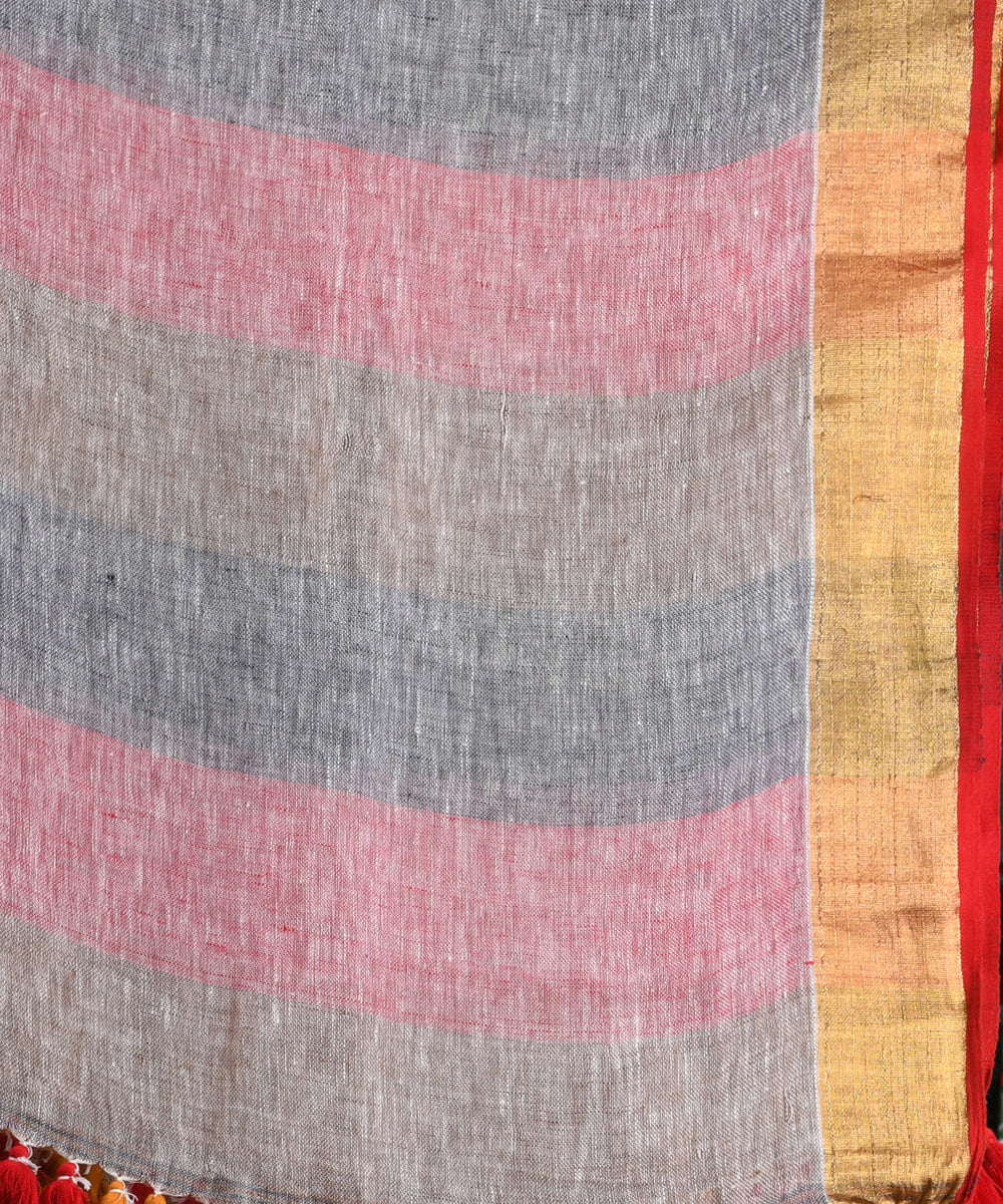 Brown pink handloom linen bengal saree