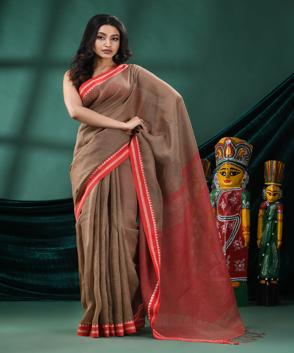 Brown red handloom linen bengal saree