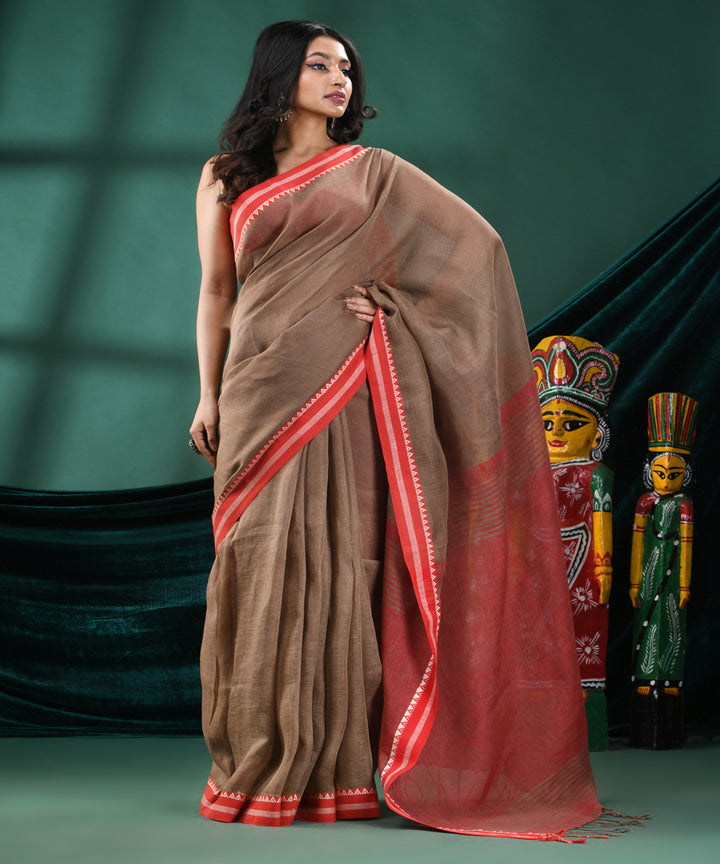 Brown red handloom linen bengal saree