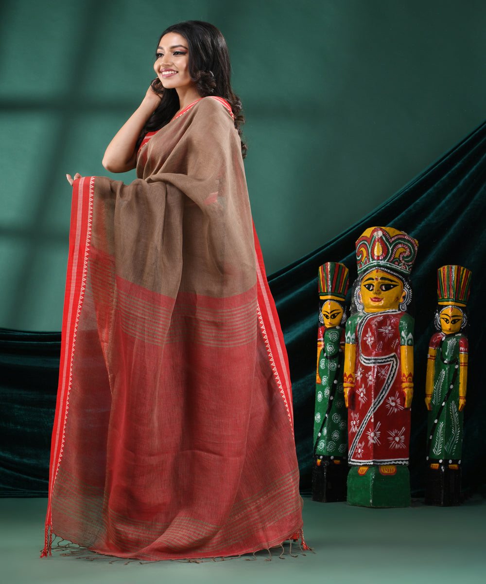 Brown red handloom linen bengal saree