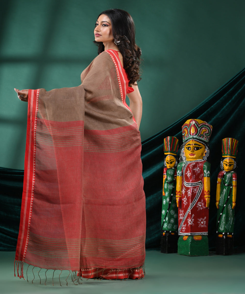 Brown red handloom linen bengal saree